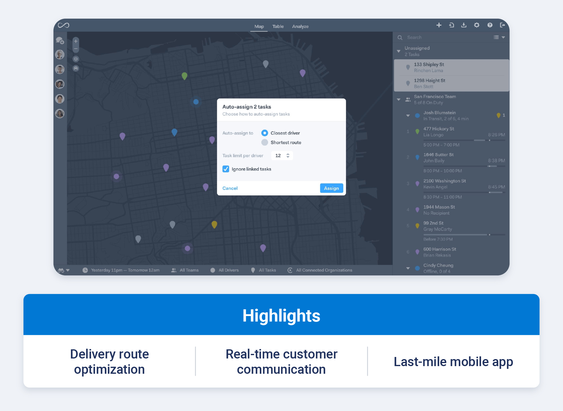 Onfleet fleet management dashboard with callouts for delivery route optimization, real-time customer communication and driver mobile app for last-mile logistics.